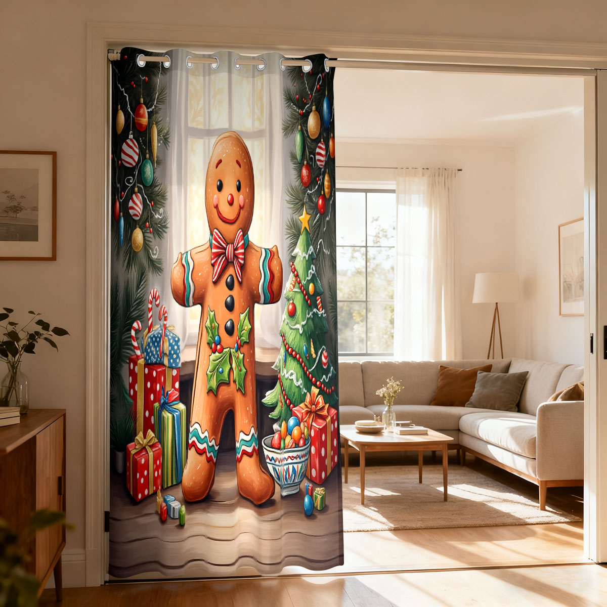 Home Decor Xmas - Świąteczna Zasłonka z Panem Piernikowym, Dekoracja