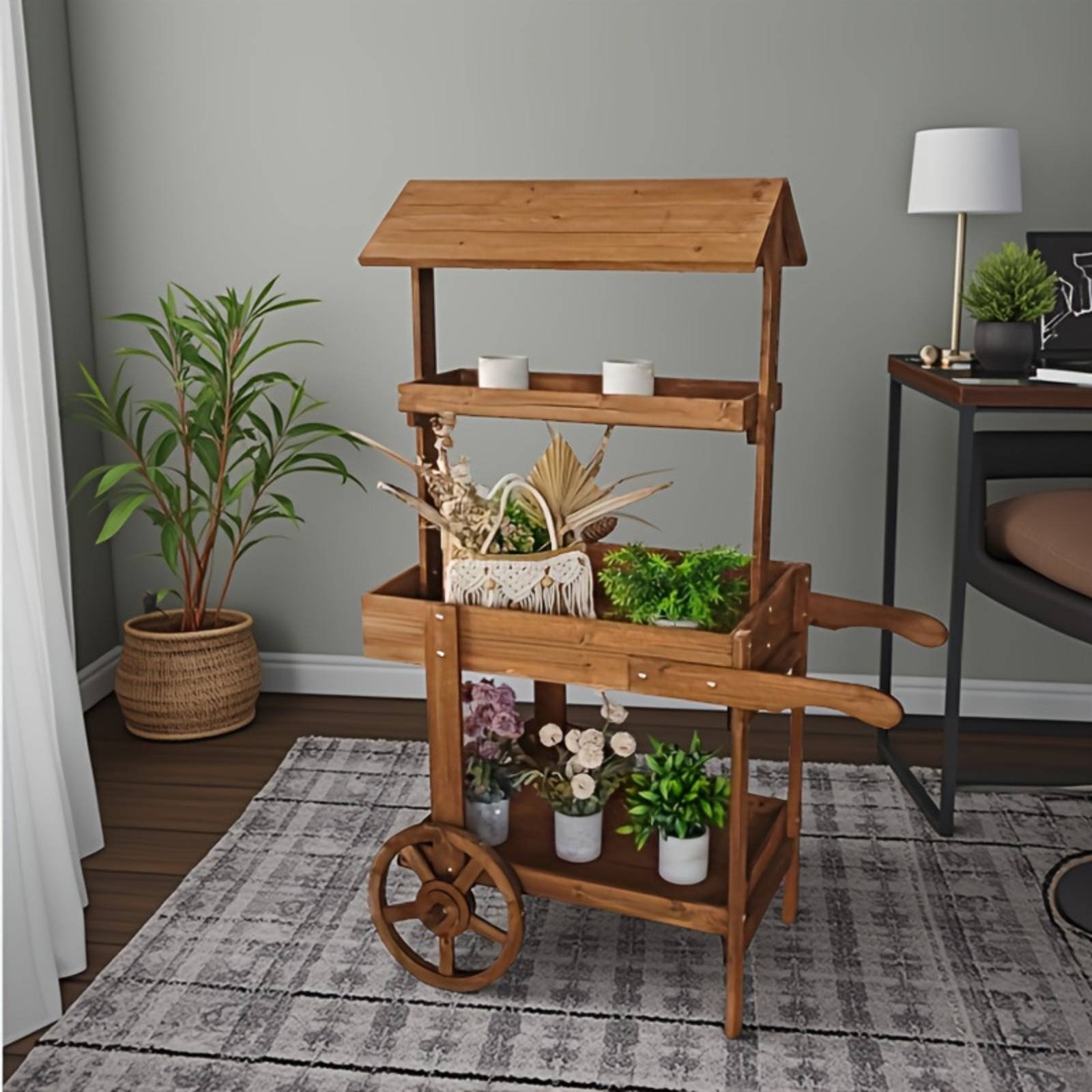 Home Decor Market - Drewniany wózek na kwiaty z ozdobnymi