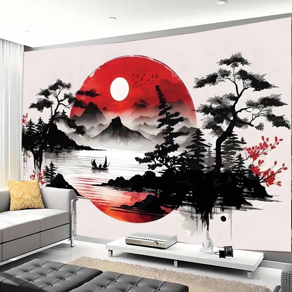 Home Decor Zen Style - Japońska gobelina z górskim krajobrazem, mural